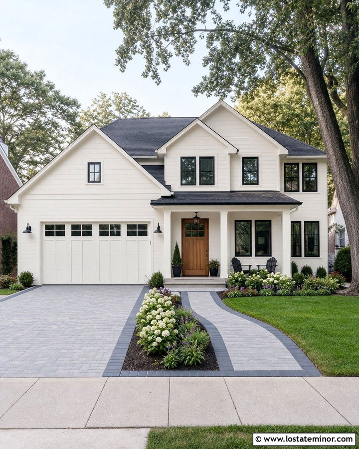 White Suburban House With Two Tone Paver Driveway - 30 White House Design With Driveway Ideas