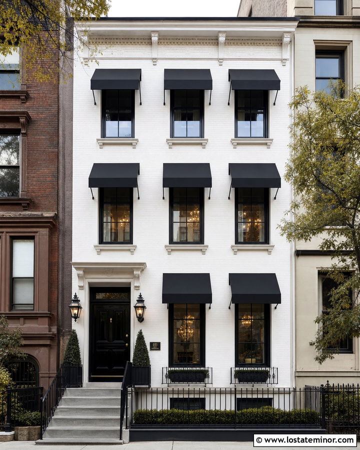 White Townhouse With Black Window Awnings - 30 White House Design With Awning Ideas