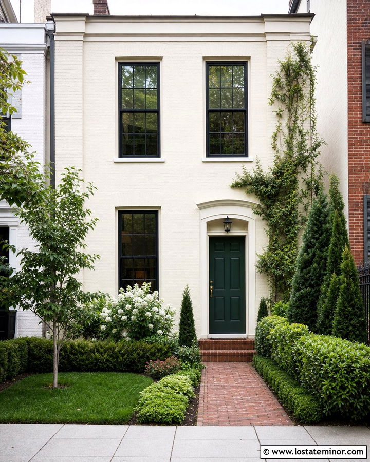 White Townhouse With Narrow Brick Walkway - 30 White House Design With Walkway Ideas