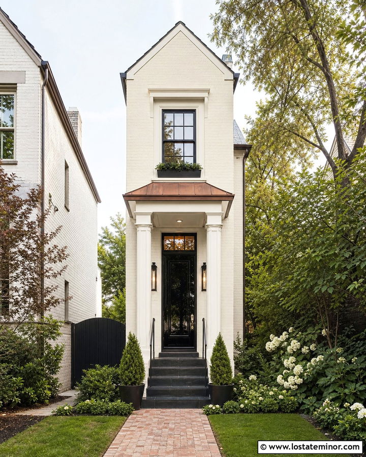 White Townhouse With Narrow Portico - 30 White House Design With Portico Ideas