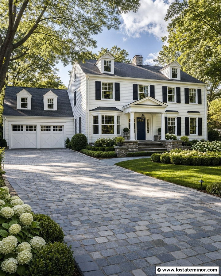 White Traditional House With Belgian Block Driveway - 30 White House Design With Driveway Ideas
