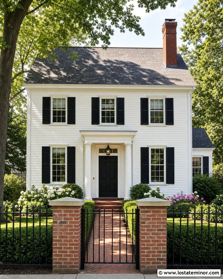 White Traditional House With Brick Pillar Fence - 30 White House Design With Fence Ideas