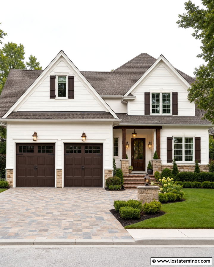 White Traditional House With Brown Garage Doors - 30 White House Design With Garage Door Ideas