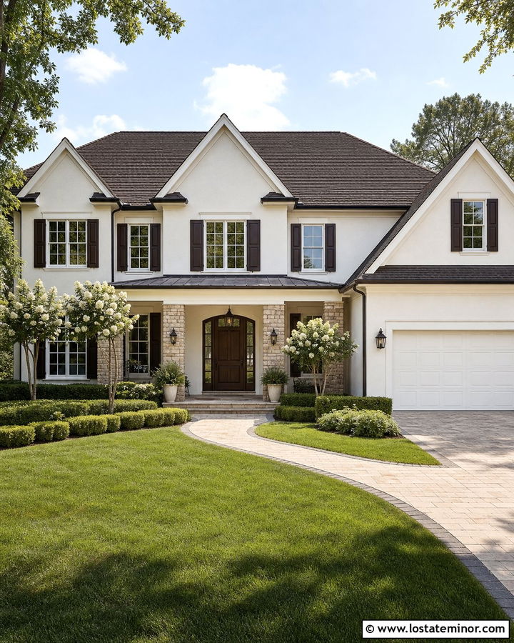 White Traditional House With Espresso Shutters - 30 White House Design With Shutters Ideas