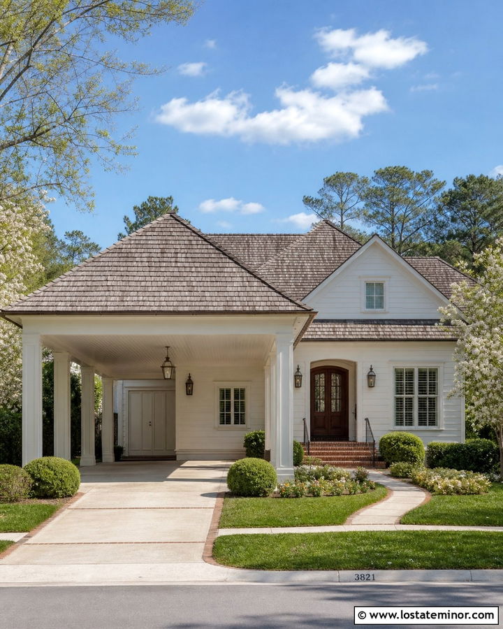 White Traditional House With Hip Roof Carport - 30 White House Design With Carport Ideas
