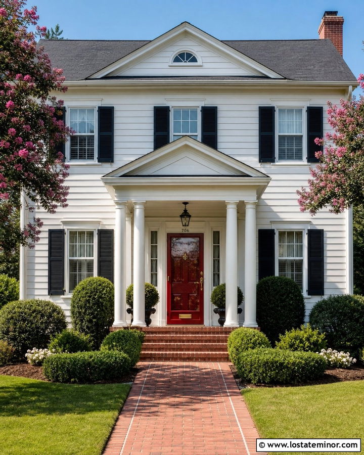 White Traditional House With Red Storm Door - 30 White House Design With Storm Door Ideas