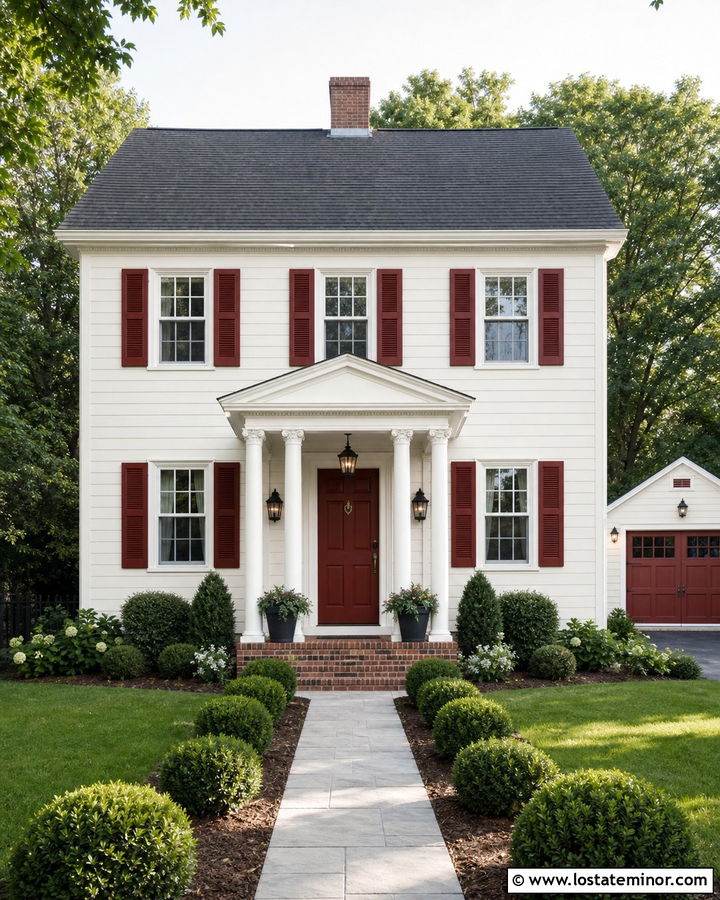 White Traditional House With Red Trim - 30 White House Design With Trim Ideas