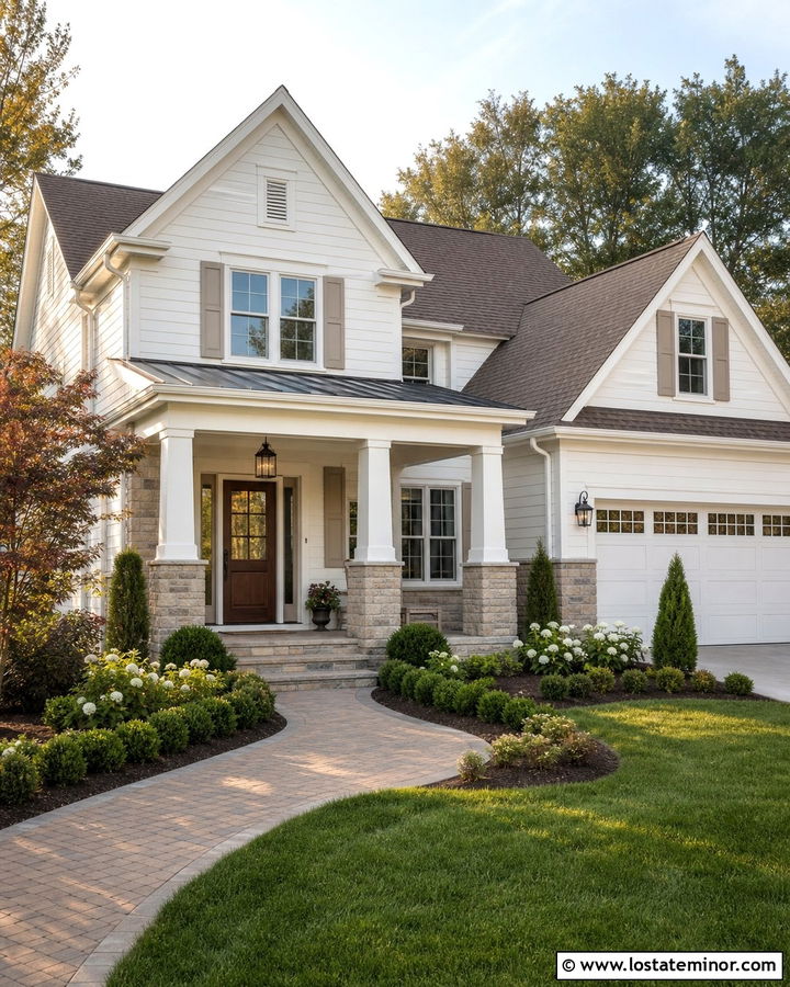 White Traditional House With Tan Stone Wainscoting - 30 White House Design With Wainscoting Ideas
