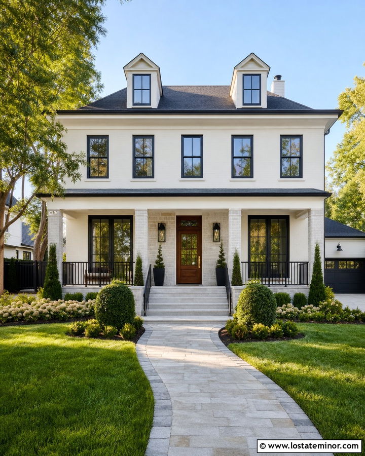White Transitional House With Charcoal Frames And Stone Porch - 30 White House Design With Window Frames Ideas