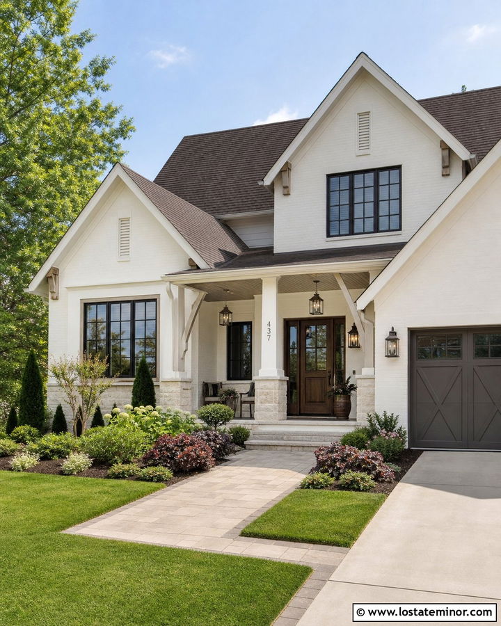 White Transitional House With Greige Porch Ceiling - 30 White House Design With Porch Ceiling Ideas