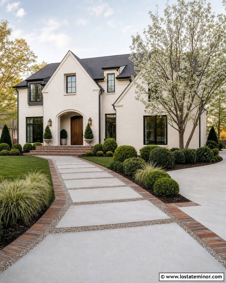 White Transitional House With Mixed Material Walkway - 30 White House Design With Walkway Ideas