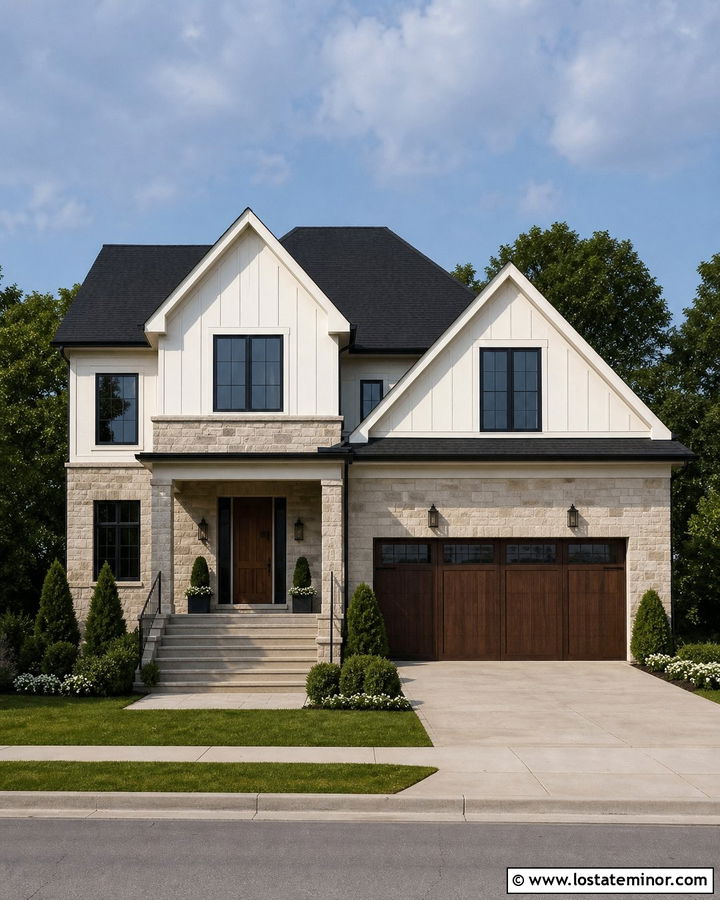 White Transitional House With Mixed Stone - 30 White House Design With Stone Accents Ideas