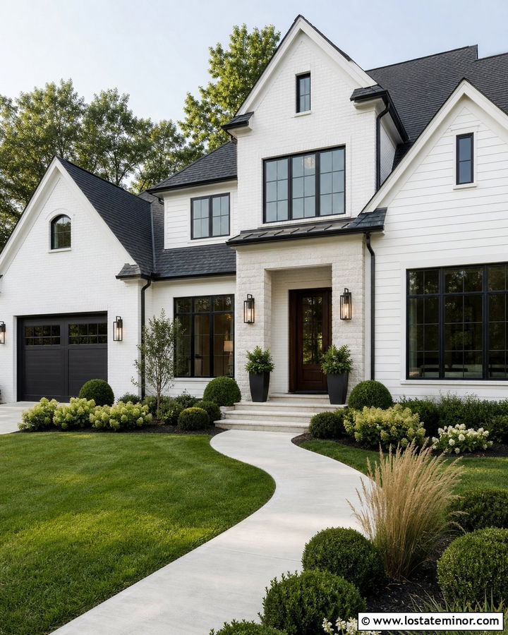 White Transitional House With Modern Lanterns - 30 White House Design With Light Fixtures Ideas