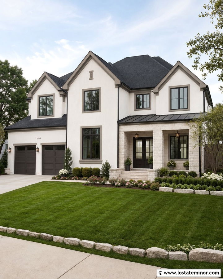 White Transitional House With Mushroom Trim - 30 White House Design With Trim Ideas