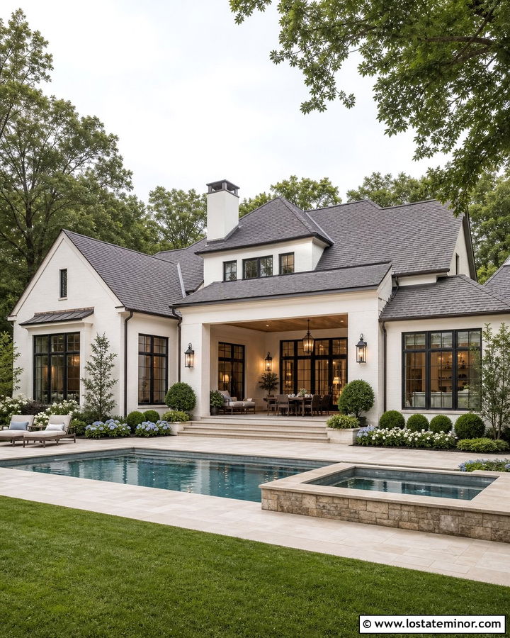 White Transitional House With Swimming Pool And Spa - 30 White House Design With Swimming Pool Ideas