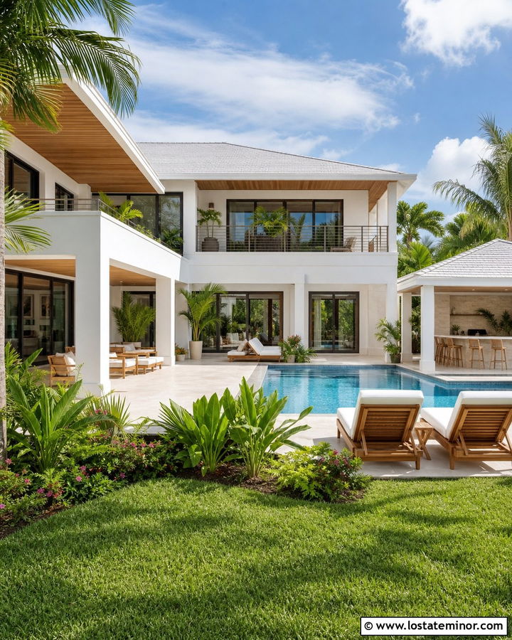 White Tropical House With Swimming Pool And Palm Trees - 30 White House Design With Swimming Pool Ideas