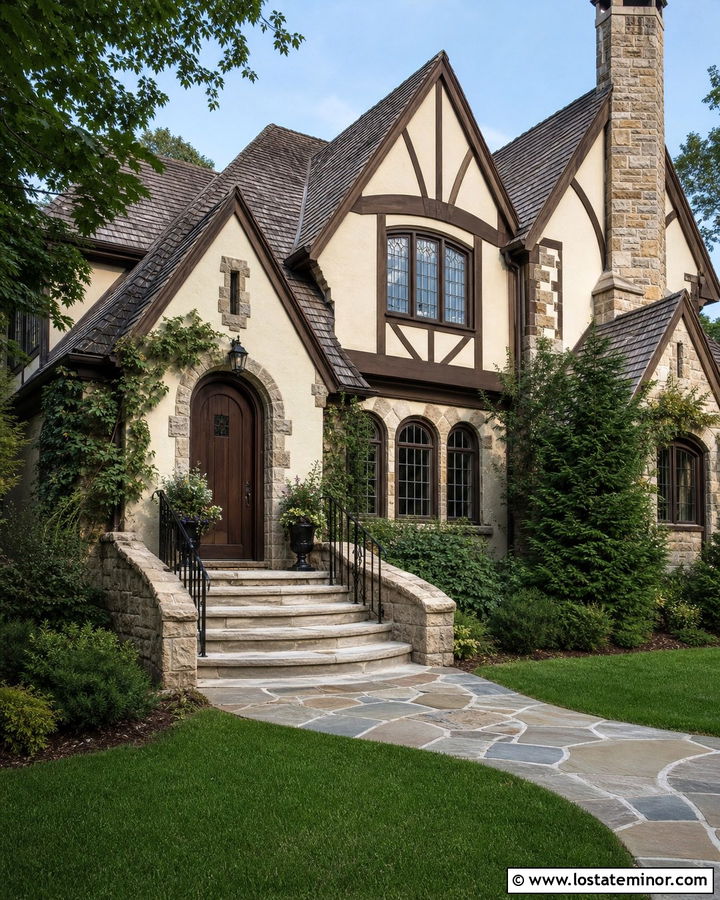 White Tudor House With Arched Steps - 30 White House Design With Steps Ideas