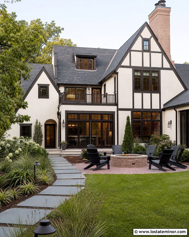 White Tudor House With Backyard Fire Pit Patio - 30 White House Design With Backyard Ideas