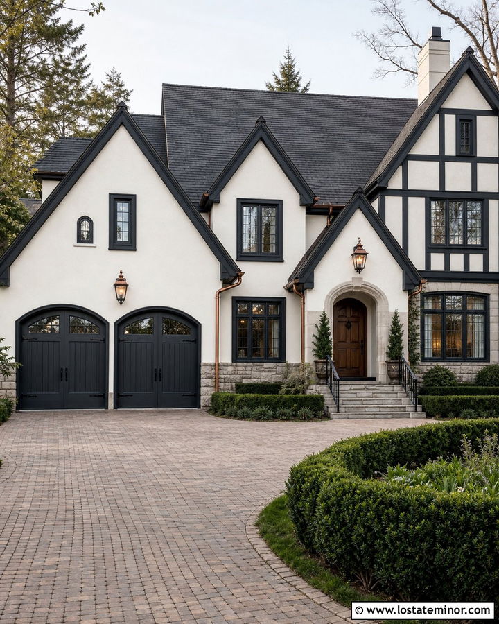 White Tudor House With Black Carriage Garage Doors - 30 White House Design With Garage Door Ideas
