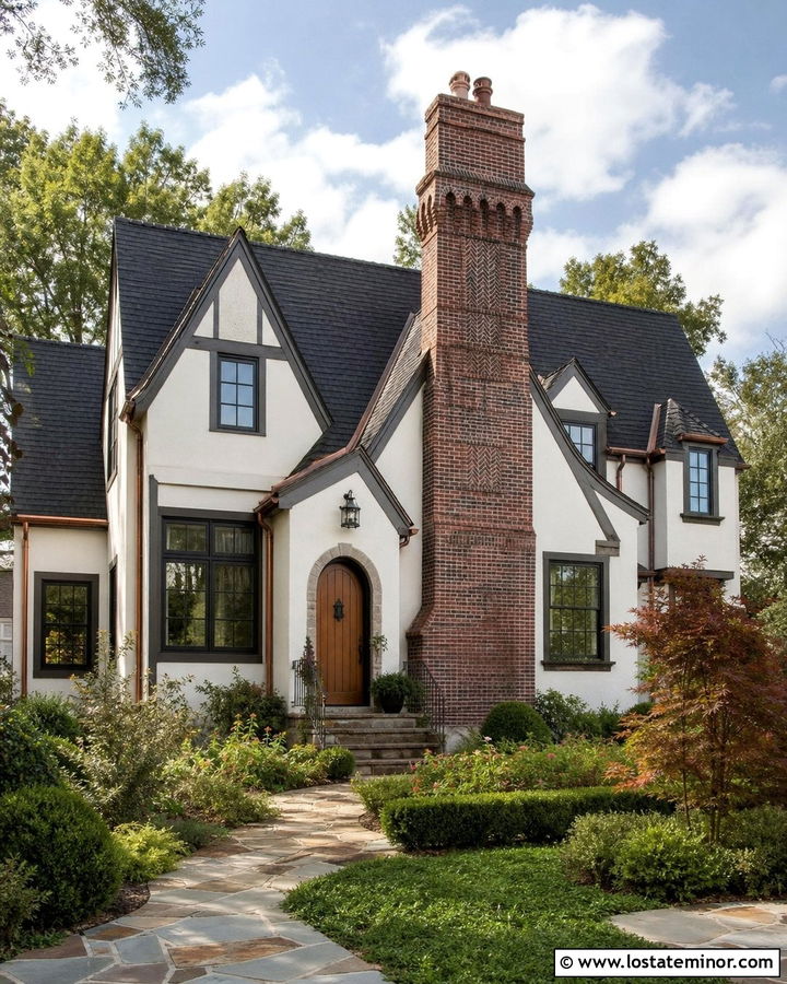 White Tudor House With Brick Chimney - 30 White House Design With Chimney Ideas