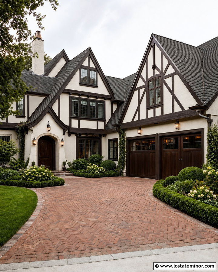White Tudor House With Brick Driveway - 30 White House Design With Driveway Ideas