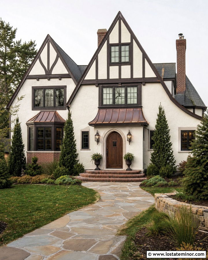 White Tudor House With Bronze Awning - 30 White House Design With Awning Ideas