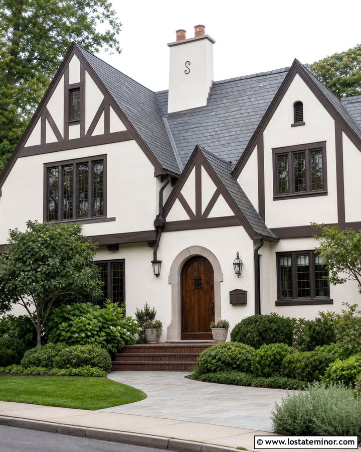 White Tudor House With Bronze Mailbox - 30 White House Design With Mailbox Ideas
