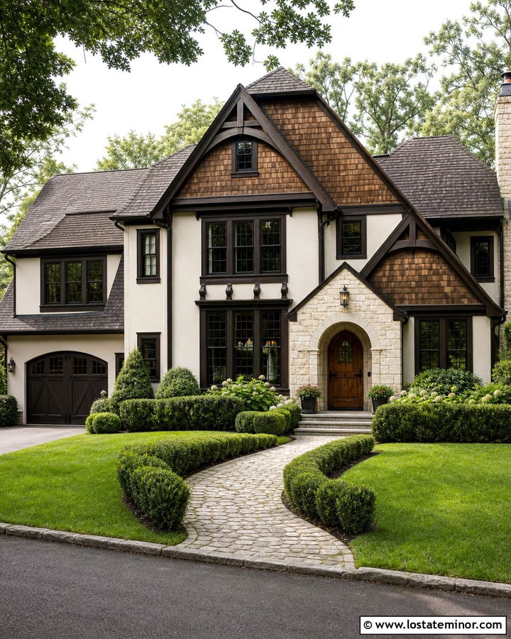 White Tudor House With Cedar Shakes - 30 White House Design With Cedar Shake Ideas