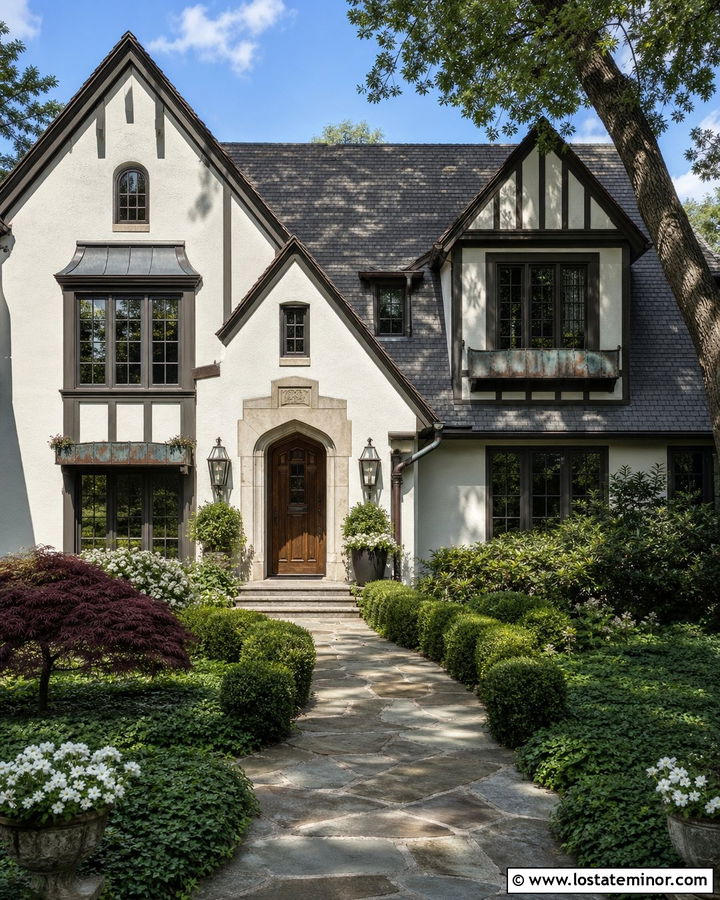 White Tudor House With Copper Window Boxes - 30 White House Design With Window Boxes Ideas