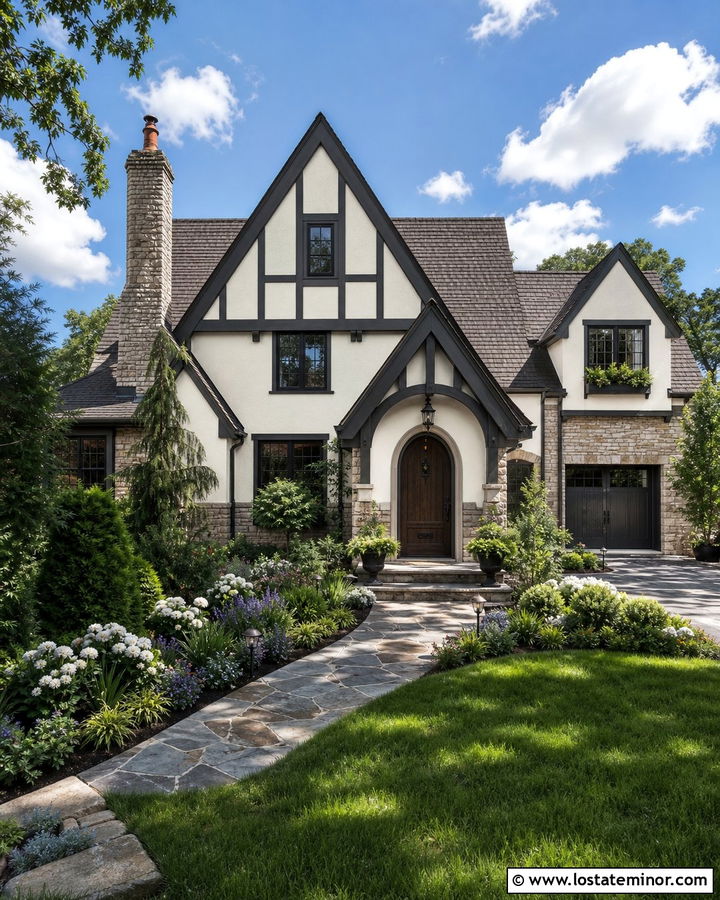 White Tudor House With Covered Front Porch - 30 White House Design With Front Porch Ideas