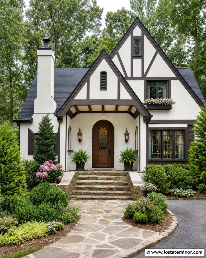 White Tudor House With Cream Porch Ceiling - 30 White House Design With Porch Ceiling Ideas
