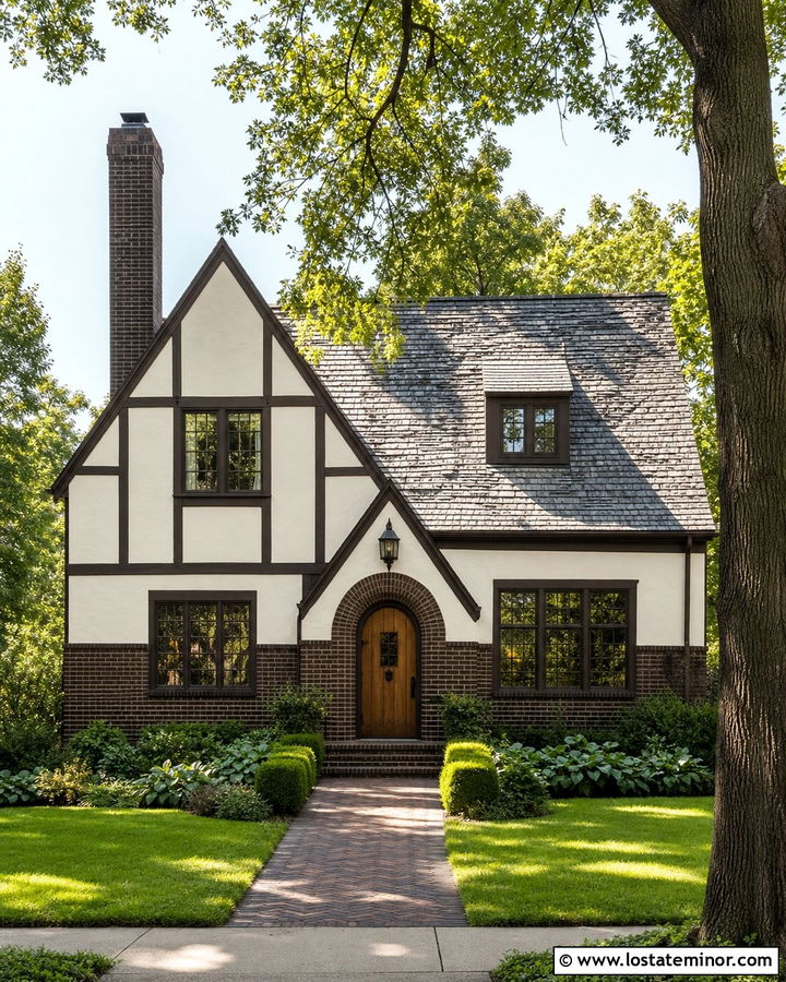 White Tudor House With Dark Brick Wainscoting - 30 White House Design With Wainscoting Ideas