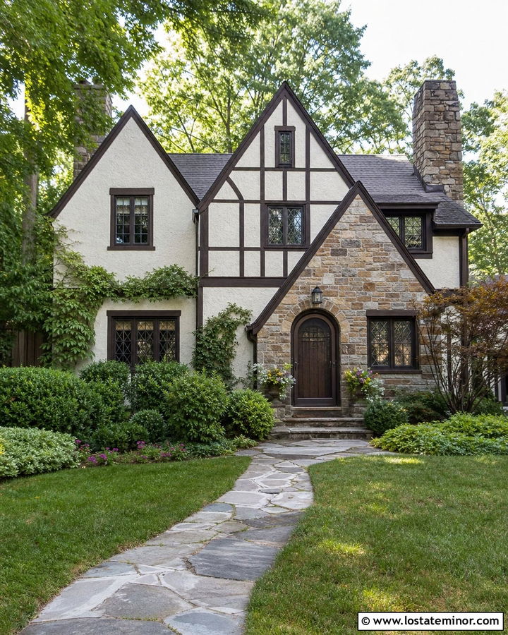 White Tudor House With Dark Bronze Storm Door - 30 White House Design With Storm Door Ideas