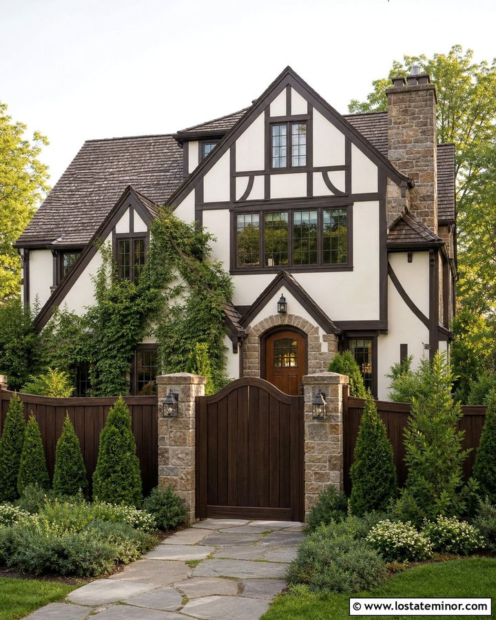 White Tudor House With Dark Brown Fence - 30 White House Design With Fence Ideas