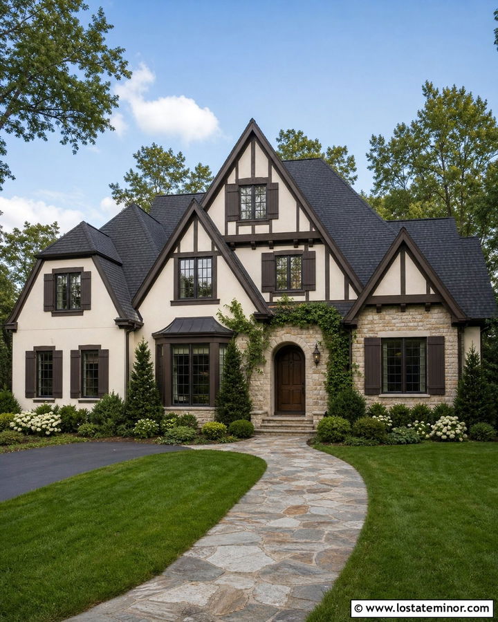 White Tudor House With Dark Brown Shutters - 30 White House Design With Shutters Ideas