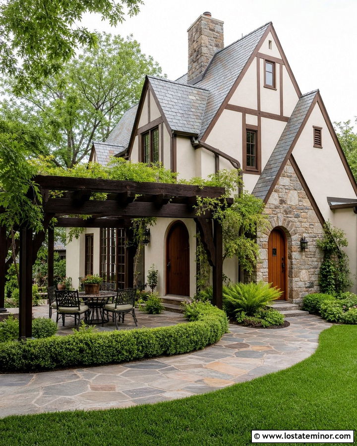 White Tudor House With Dark Wood Pergola - 30 White House Design With Pergola Ideas