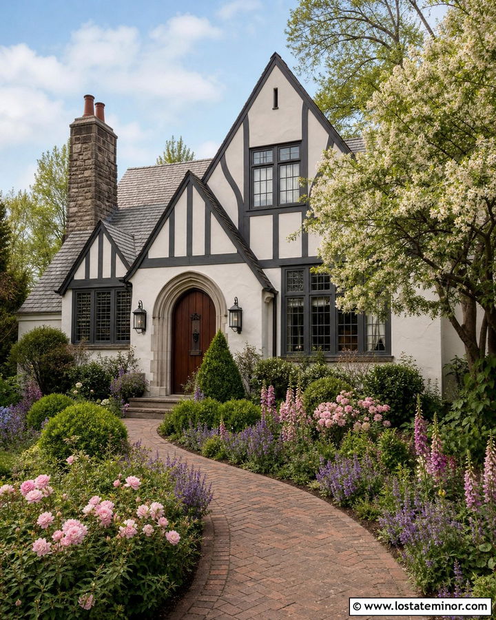 White Tudor House With English Garden - 30 White House Design With Front Yard Ideas