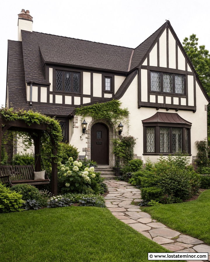 White Tudor House With Garden Arbor Swing - 30 White House Design With Swing Ideas