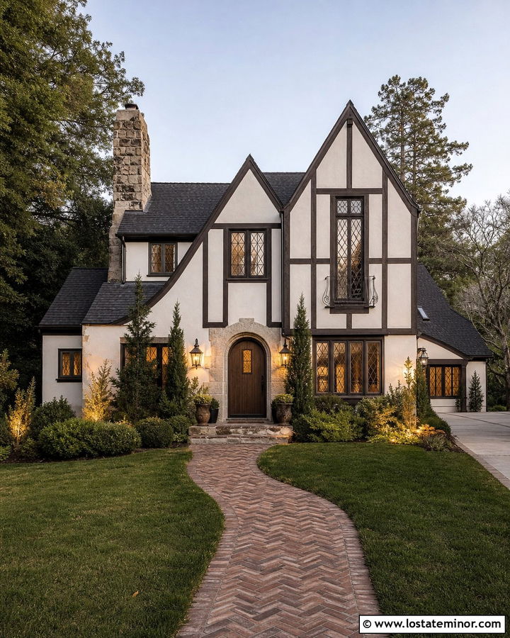 White Tudor House With Leaded Glass Lanterns - 30 White House Design With Lighting Ideas