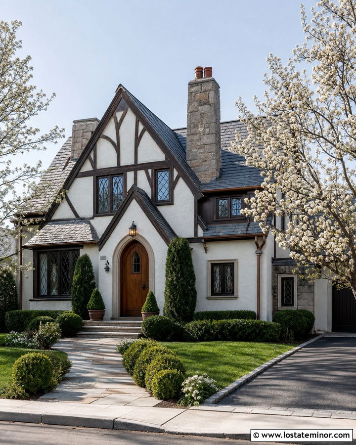 White Tudor House With Leaded Glass Lanterns - 30 White House Design With Light Fixtures Ideas