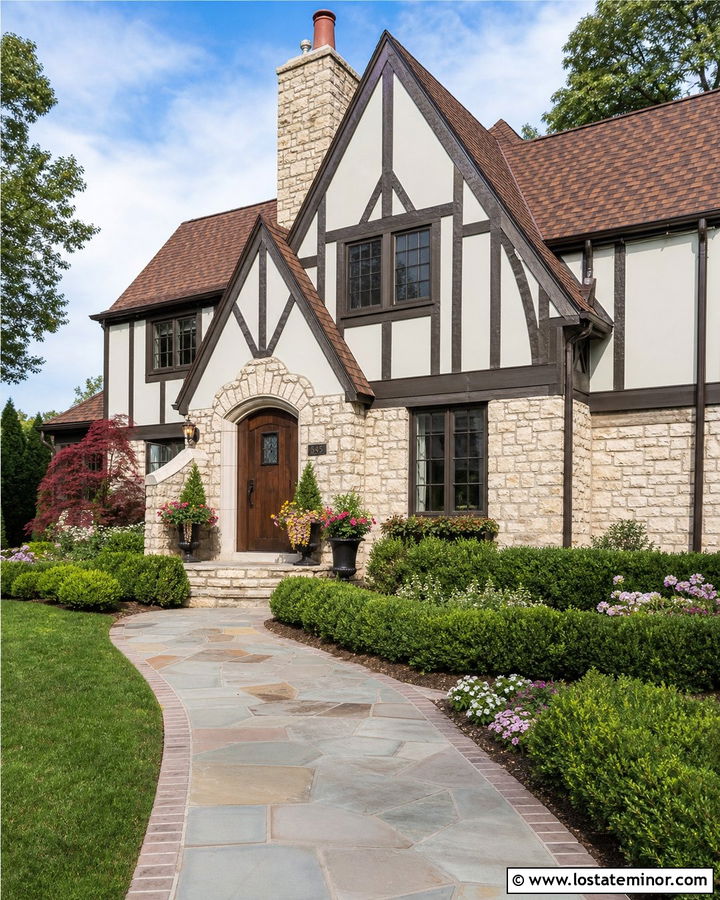 White Tudor House With Limestone Accents - 30 White House Design With Stone Accents Ideas