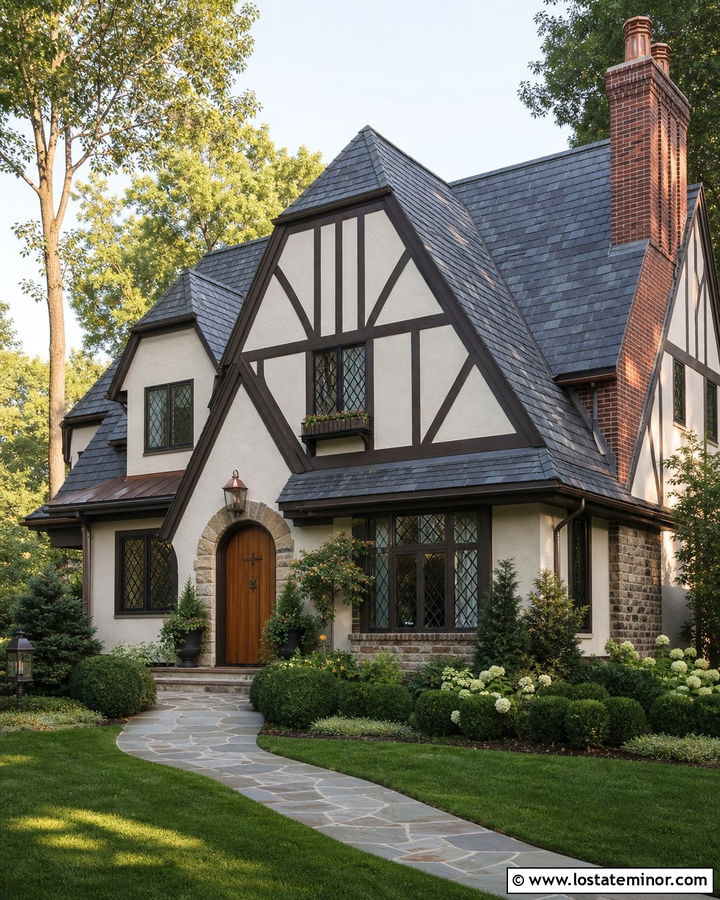 White Tudor House With Slate Look Shingles - 30 White House Design With Shingles Ideas