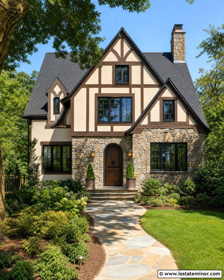 White Tudor House With Steep Black Roof - 30 White House Design With Roof Ideas