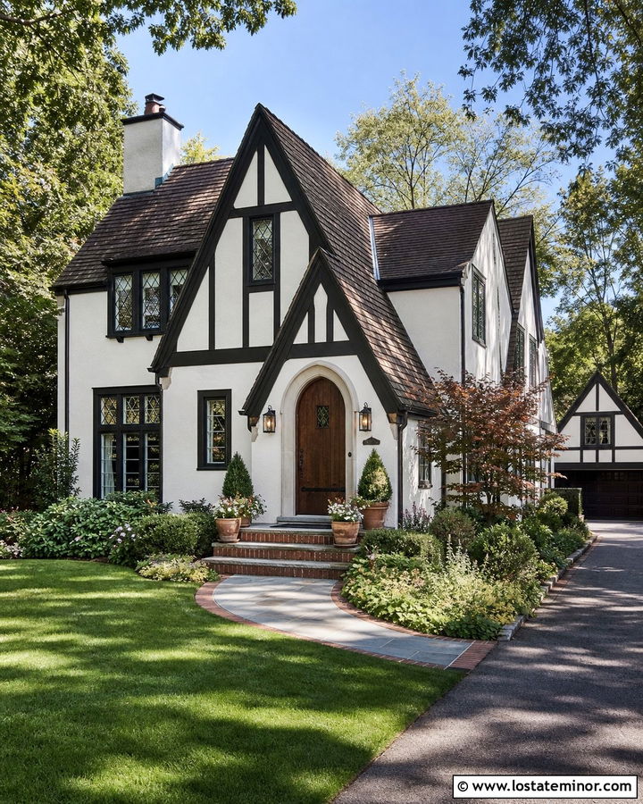 White Tudor House With Steep Gable Portico - 30 White House Design With Portico Ideas