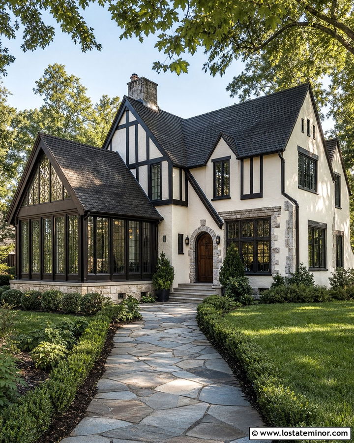 White Tudor House With Sunroom Addition - 30 White House Design With Sunroom Ideas