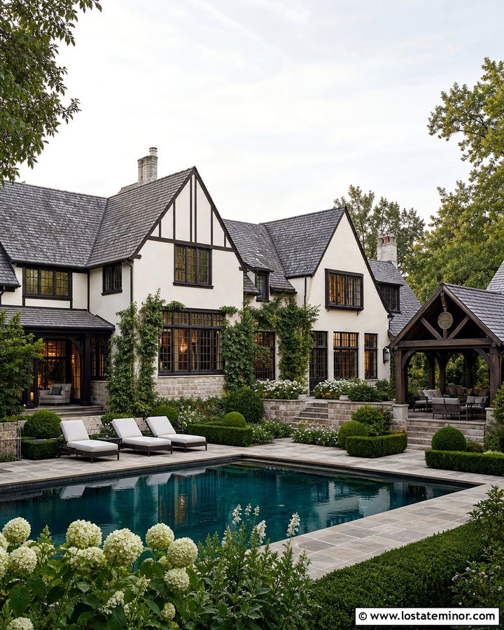 White Tudor House With Swimming Pool And Garden - 30 White House Design With Swimming Pool Ideas