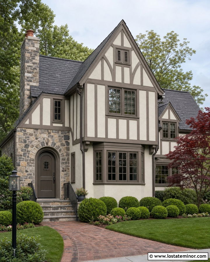 White Tudor House With Taupe Window Frames - 30 White House Design With Window Frames Ideas