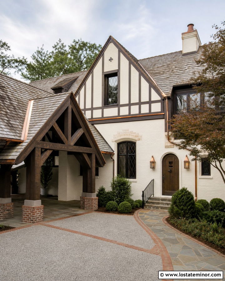 White Tudor House With Timber Carport - 30 White House Design With Carport Ideas
