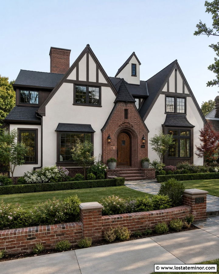 White Tudor With Brick Arches - 30 White House Design With Brick Accents Ideas
