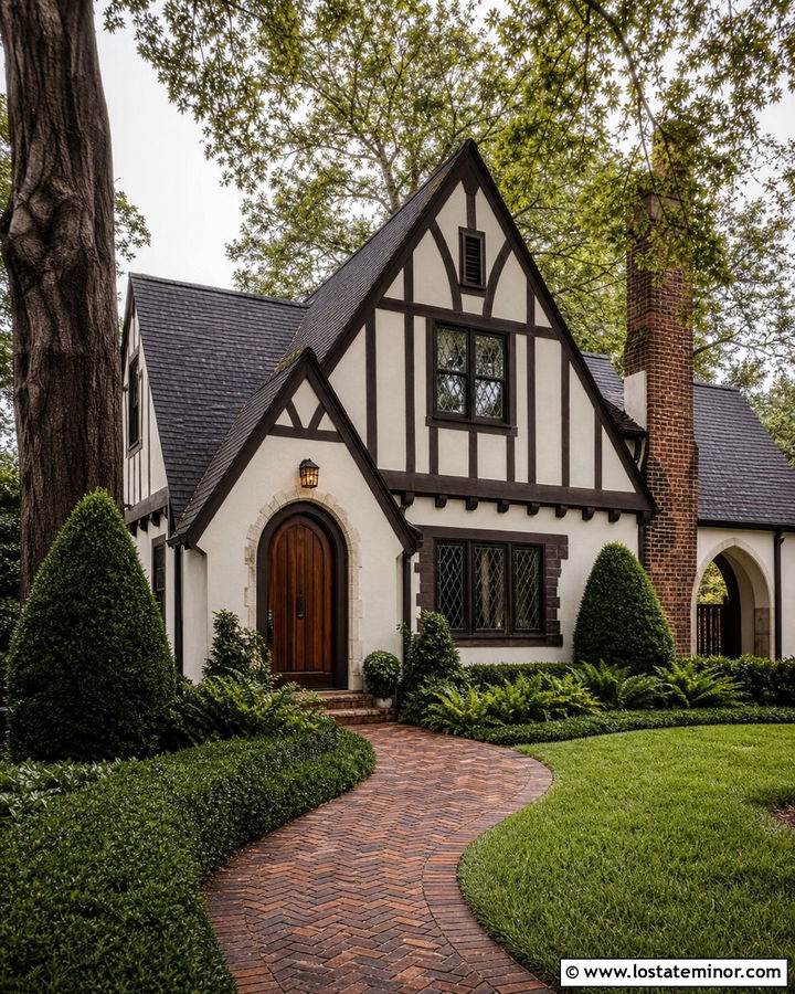 White Tudor With Herringbone Brick Walkway - 30 White House Design With Walkway Ideas